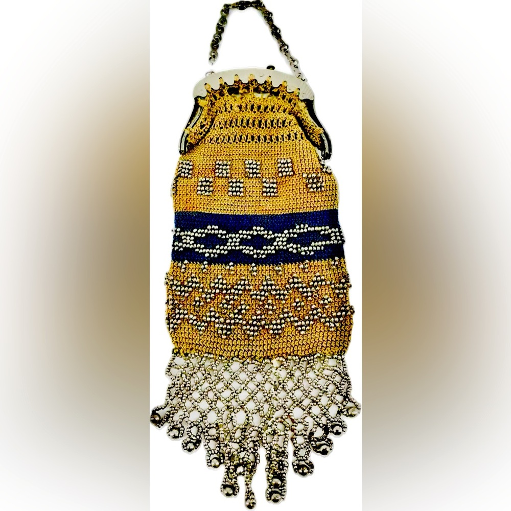 Beautiful Antique Crochet Beaded Metal Clasp Miniature Reticule Coin Purse 4"x3"